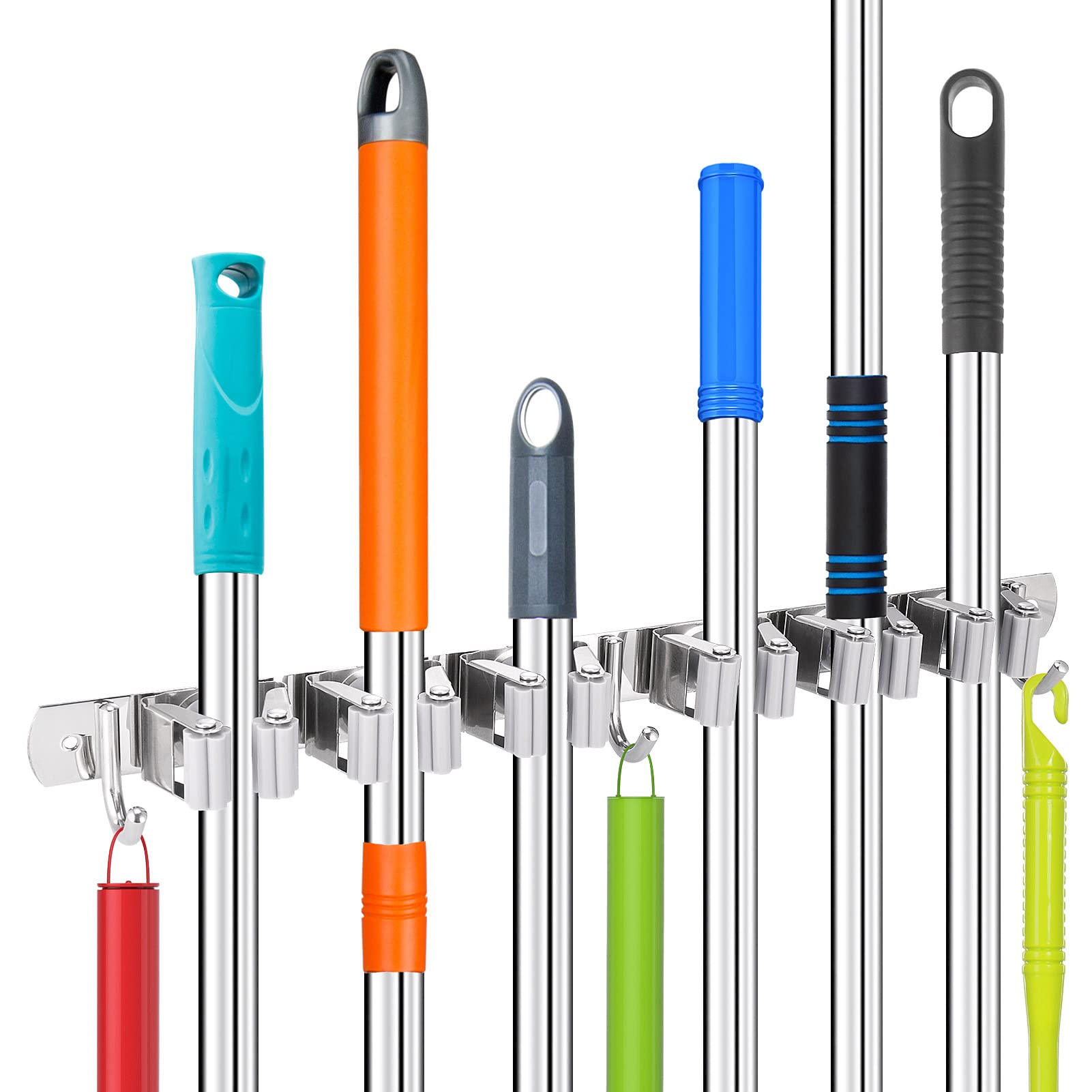 Hejo Mop and Broom Holder Wall Mounted, Heavy Duty Stainless Steel Mop Holder with 6 Racks 3 Hooks for Bathroom, Kitchen, Garage, Garden Tool Organizer, Brush and Broom Gripper (Grey)