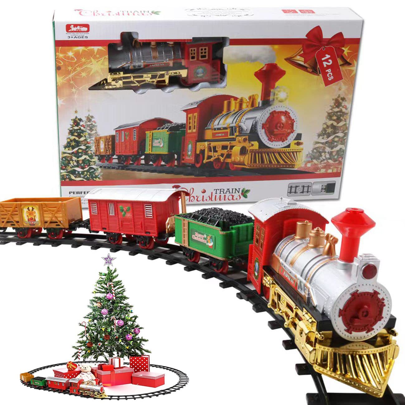 Electric Train Set for Children - Christmas Express Train Set Battery Operated with Realistic Sound and Light - Train Sets for Adults, Gifts for Boys Girls Kids Adults, Model Railway Steam Train