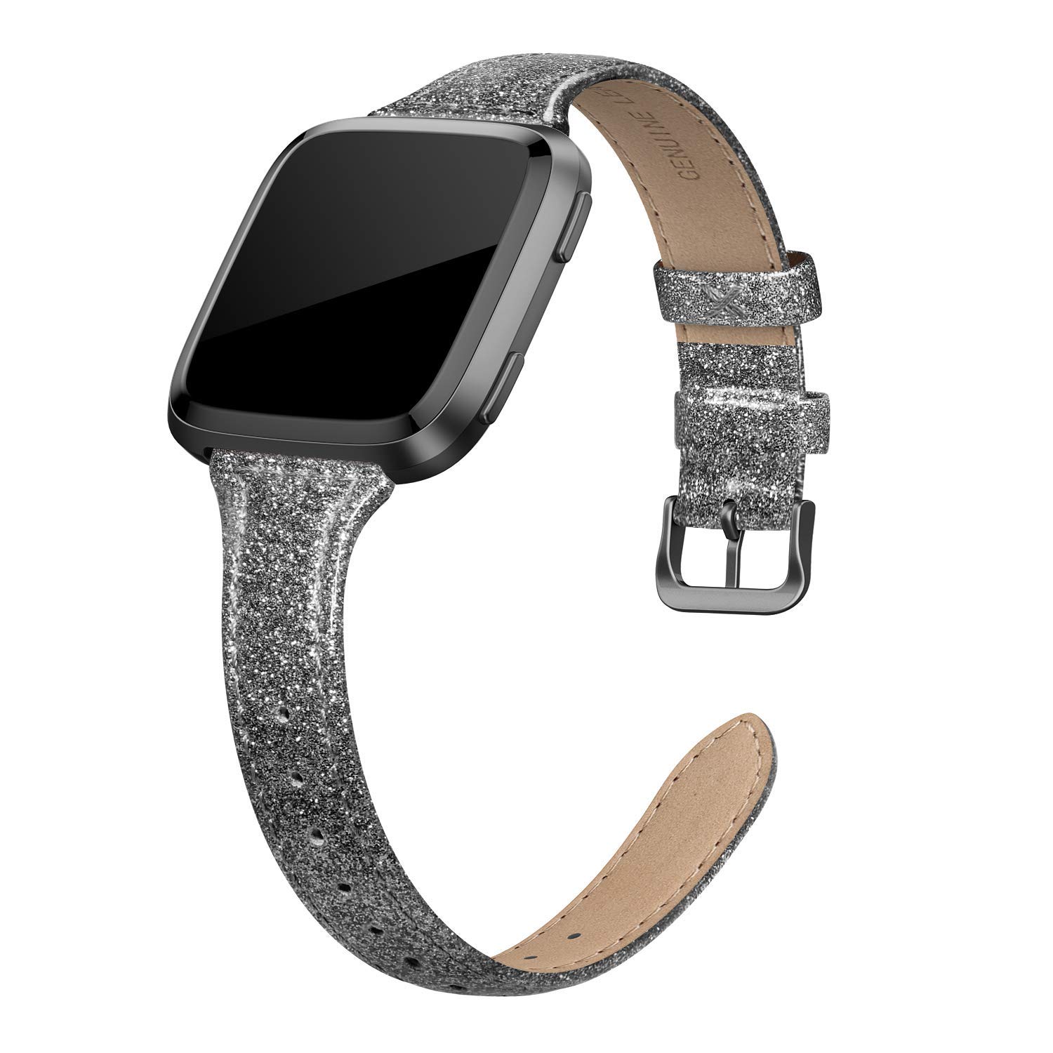 EDIMENS Genuine Leather Strap Compatible with Fitbit Versa 2 / Fitbit Versa Lite & SE/Fitbit Versa, Slim Thin Replacement Leather Strap for Versa Women Men (Glitter Black)