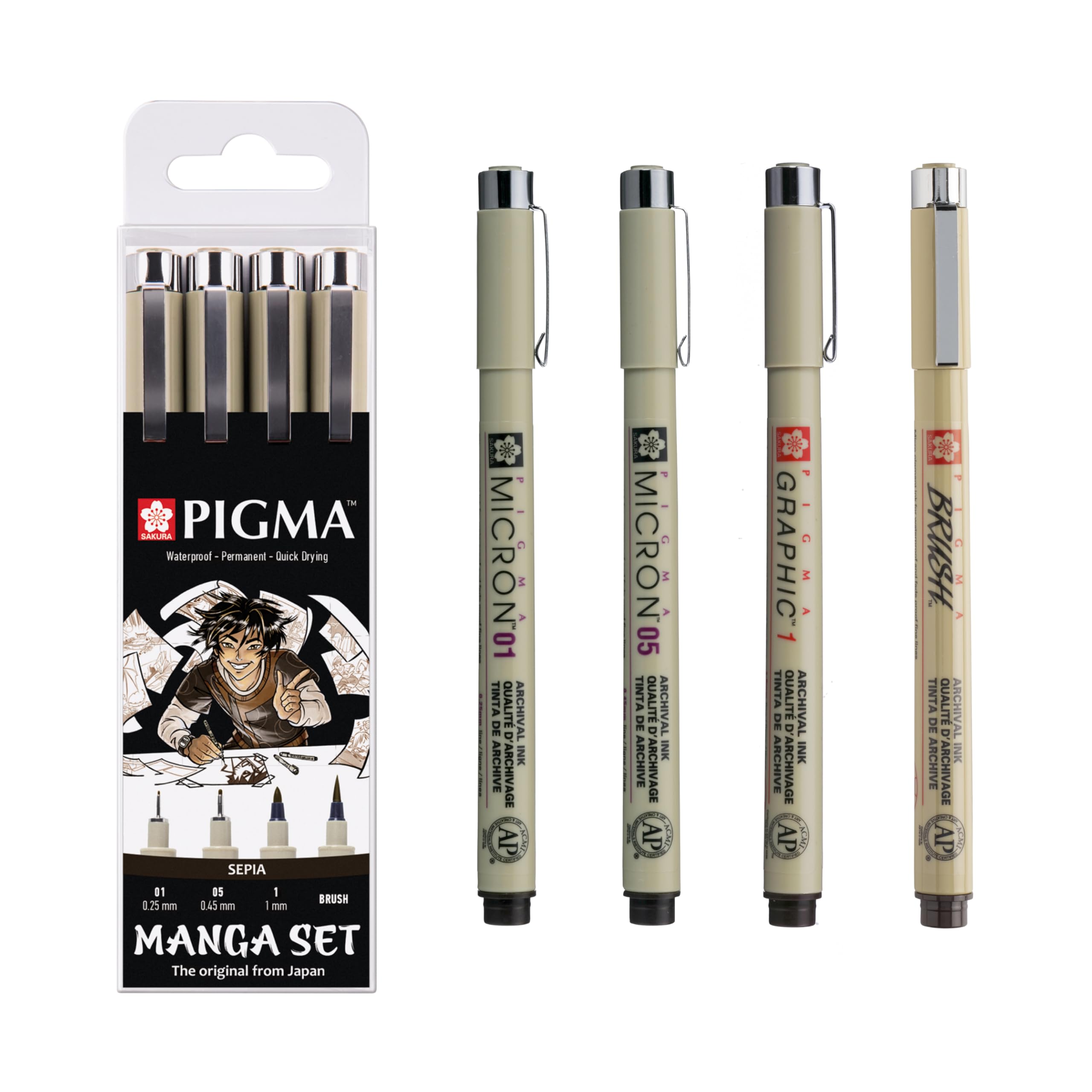 SAKURA Pigma Manga Set of 4 in Sepia | Waterproof, Permanent Ink, Assorted Sizes | Pens for Cartoons & Illustrations