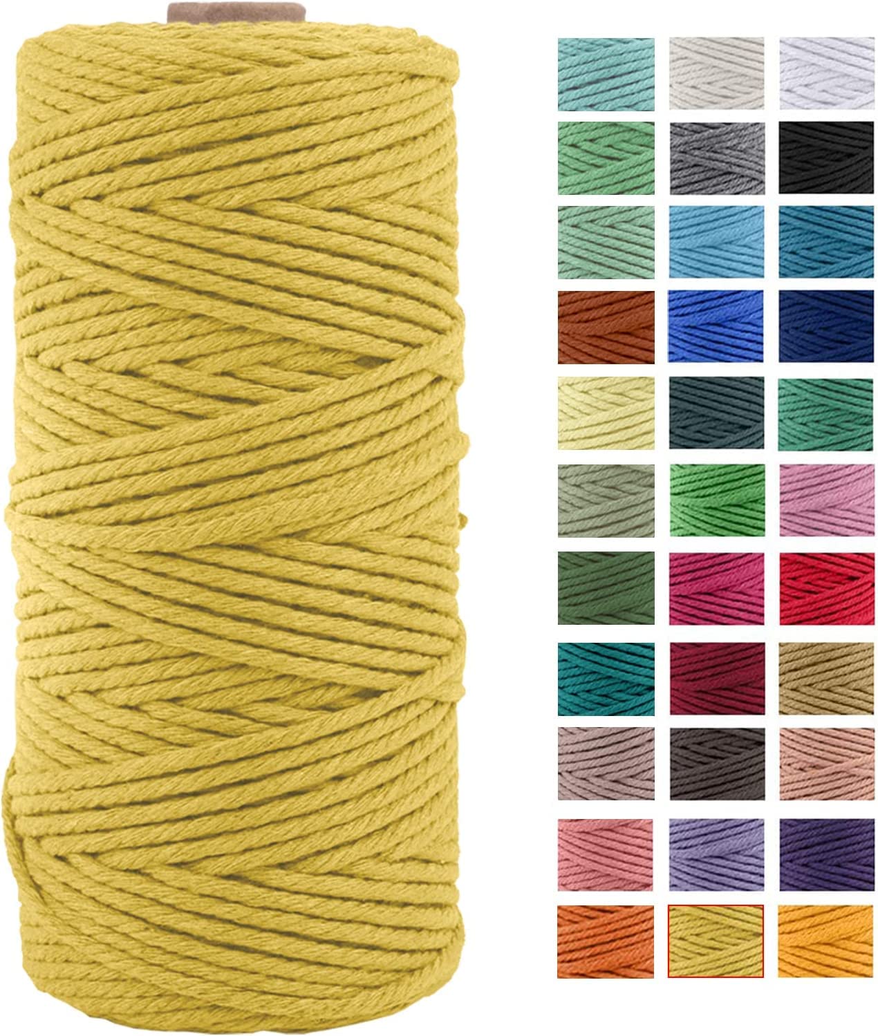 JeogYong Macrame Cord Thick Natural Cotton Cord Yarn Macrame Rope for Wall Hangings, Plant Hangers, DIY Crafts, Home Decorations, Gift Wrapping 3mm x 100m (Yellow)