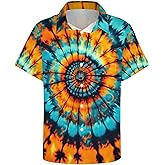 Liohans Hawaiian Mysterious Psychedelic Rainbow Totem Tie-Dye Lapel Pocket Short Sleeved Shirt Button Shirt