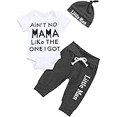TUEMOS Newborn Infant Baby Boy Clothes Letter Print Romper Pants Set Hat 3PC Outfits Set