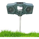 Ultrasonic Solar Animal & Pest Repeller - With 30' Motion Sensor, Flashing LED Light - Pest Control For Raccoon, Cats, Dogs, Deer, Birds - Weather Proof Design - Includes 3 Batteries & USB Cable