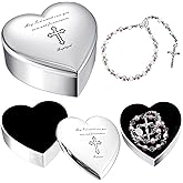 Quelay 2 Pcs Heart Jewelry Keepsake Box and Pink Baby Rosary Baptism Gift, Silver Toned Jewelry Box with Engraved Cross Baby Baptism Gift for Girls Baptism, First Communion, Christening