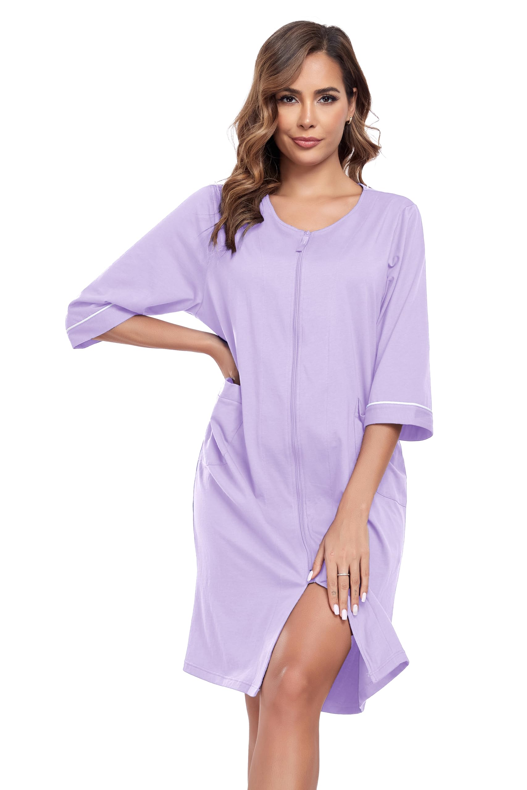 Photo 1 of COLORFULLEAF Women's 100% Cotton Robe Lightweight 3/4 Sleeve Zip Front Robes Soft Knee Length Bathrobe Housecoat(Light Purple,L)