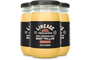 Lineage Provisions - 100% Grass-Fed & Finished Beef Tallow – 3-Pack Glass Jars – US-Raised Cattle – Nose-to-Tail Rendered – Cooking Oil Alternative, Keto & Paleo Friendly