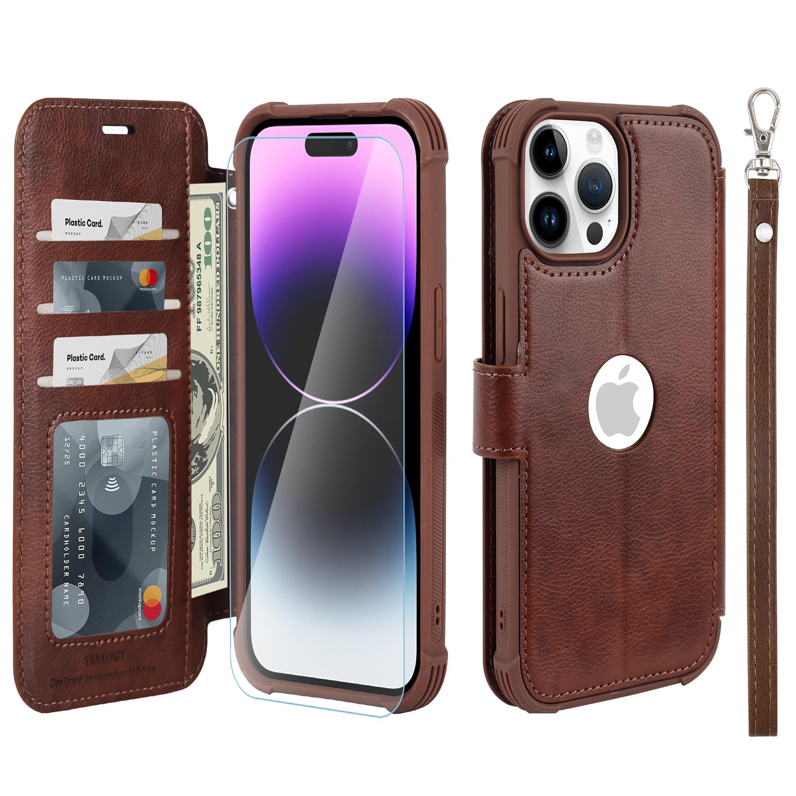VANAVAGY Compatible for iPhone 14 Pro Wallet Case, 12ft Drop Protection, RFID Blocking PU Leather Flip Cover, Card Holder & Kickstand, Shockproof Phone Case for 14 Pro-6.1 Inch,Brown
