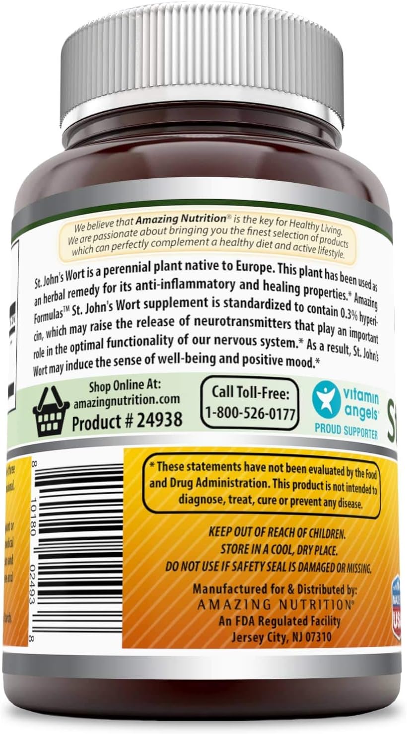 Amazing Nutrition St. Johns Wort - 300mg of 100% Pure St. John’s Wort (Hypericum Perforatum) Extract in Every Capsules * Standardized to Contain 0.3% Hypericin - 180 Capsules Per Bottle: Health & Personal Care