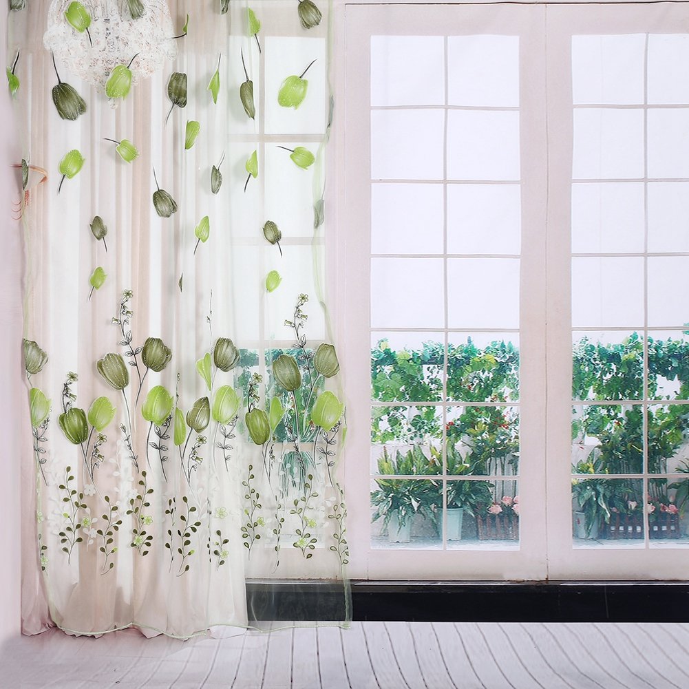100x200 cm Colorful Tulips Printing Window Curtains Sheer Drape Tulle Draperies for Balcony Living Room Bedroom Kitchen Decorations(Green)