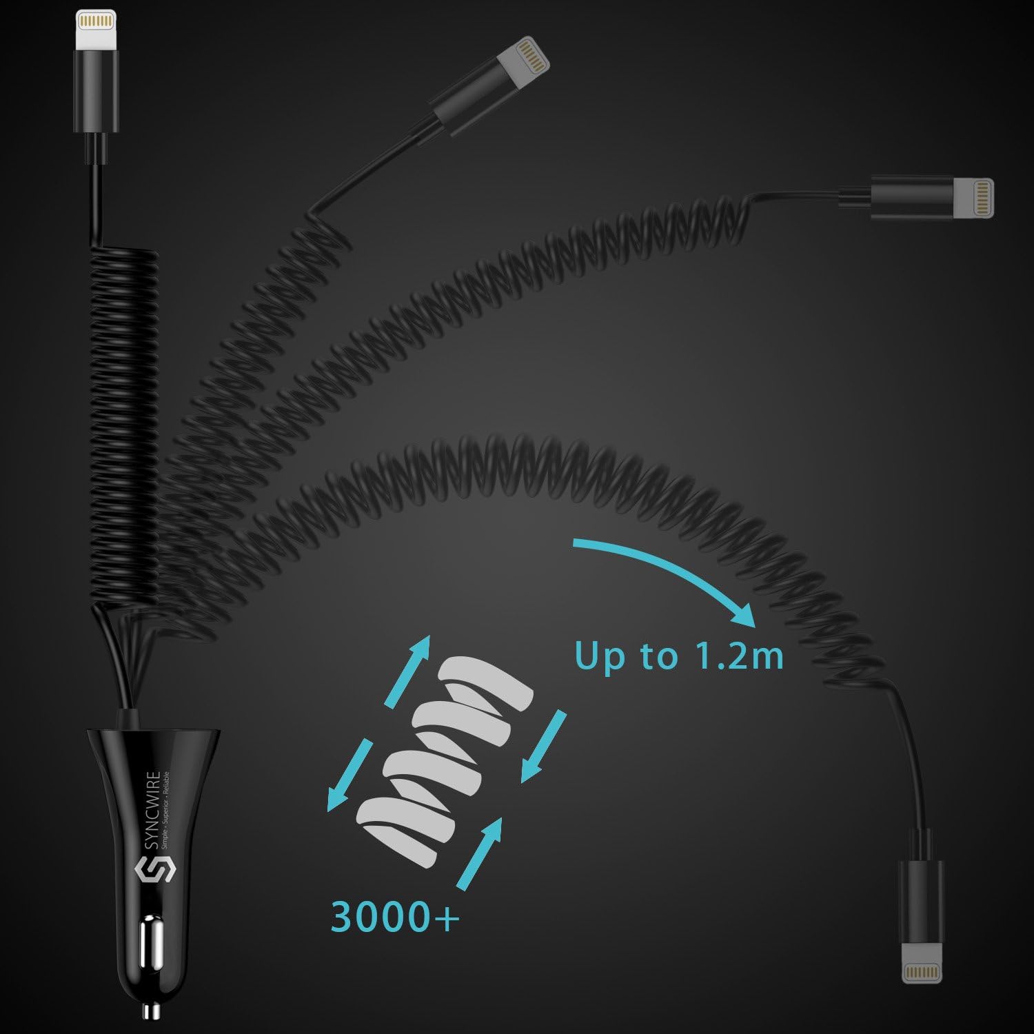 Syncwire iPhone USB Car Charger - Upgrade 4.8A/24W Car Charging Adapter with Built-in Coiled [MFI Certified] Lightning Cable for Apple iPhone 11/Xs/XS Max/XR/X/8/7/6s/6 Plus, iPad & More - Black