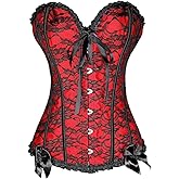 HEZEHAI Corset Tops for Women, Plus Size Women Floral Lace Corsets Pleated Trim Overbust Waist Sexy Lingerie(Red,M), Medium