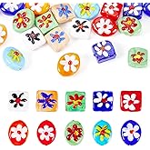 Boutigem 20Pcs Oval Square Flower Pattern Handmade Lampwork Beads Colorful Millefiori Lampwork Glass Beads Cute Floral Flat Oval Cube Spacer Beads for DIY Crafts Necklace Earring Jewelry Making