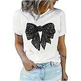 SOLY HUX Women's Bow Print Crew Neck T Shirt Short Sleeve Dressy Casual Summer Tops