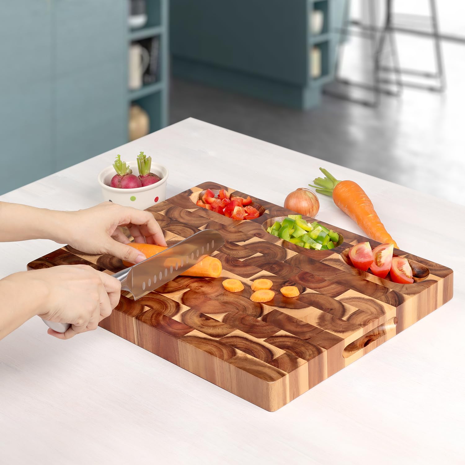 Acacia End Grain Cutting Board (17x13x1.5in), Butcher Block - Reversible Multipurpose Chopping Board with Juice Groove, Cracker Holder & Inner Handles