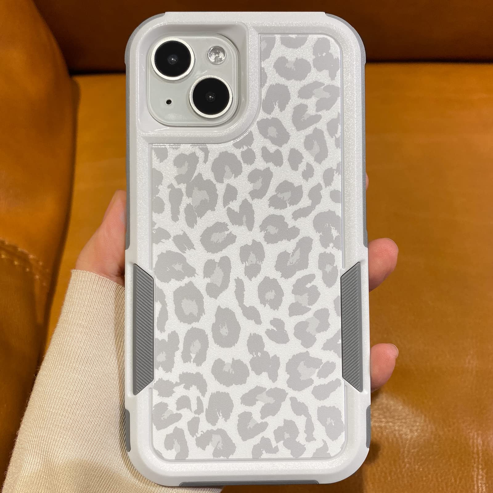 Burmcey Compatible with iPhone 15 Case White Leopard Light Gray, Cheetah Print Heavy Duty Tough Rugged Full Body Protection Shockproof Protective Women Girls Case for iPhone 15 6.1'' 2023