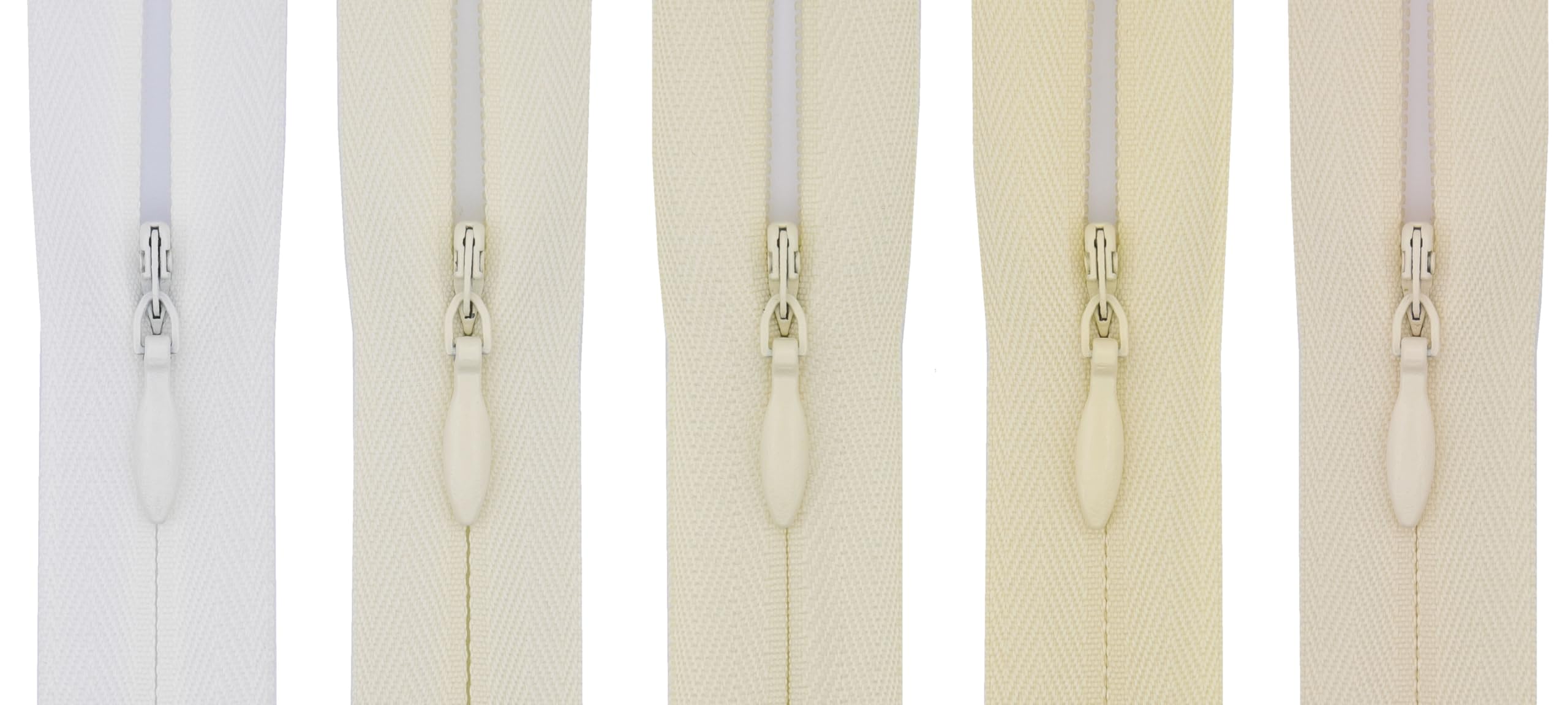 #3 Invisible Zip 14 Inch (35cm) – Pack of 5 Close-End Concealed Zippers, Woven Tape, 5 Different Shades, Smooth Nylon Coil – Dressmaking, Skirts & Cushion Covers (White & Ivory)
