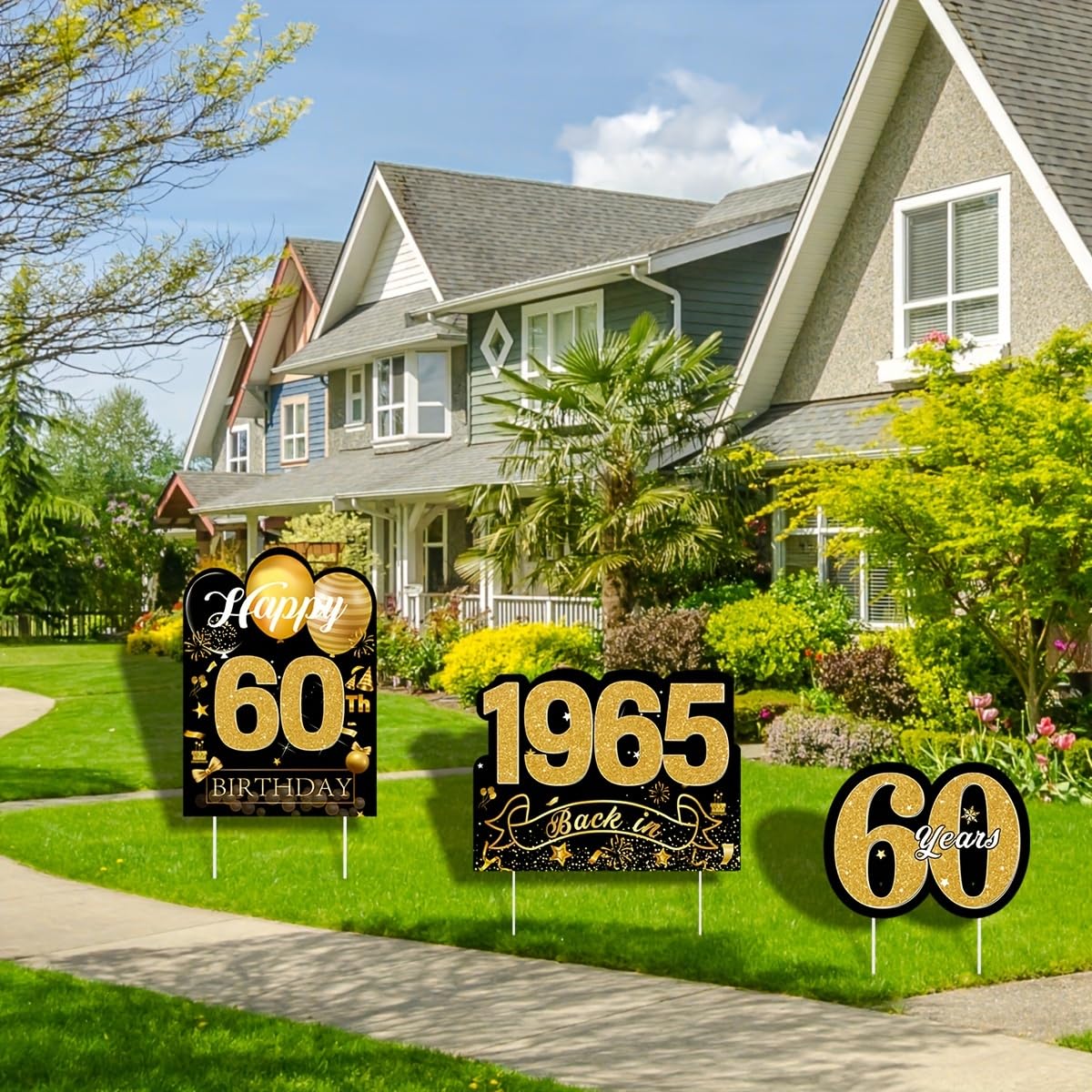 Photo 1 of 3Pcs Black Gold 60th Birthday Yard Sign Decorations for Men and Women, Happy Birthday Yard Signs with Stakes, Birthday Lawn Sign for Outdoor Yard Decorations