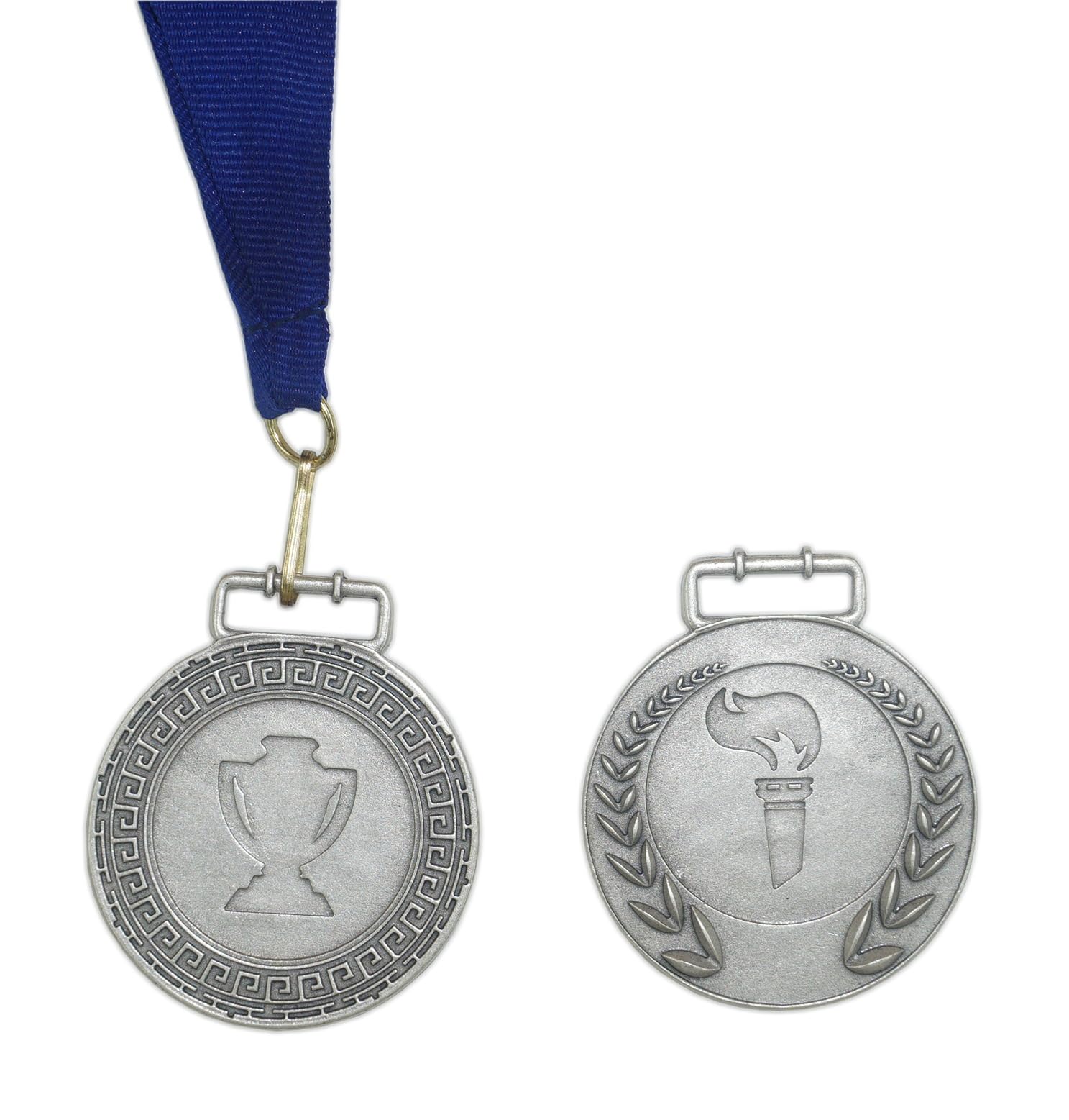Torch symbol medal for sports awards with blue ribbon. SILVER plated metal. Diameter 1,88 in. Handmade Italian Craftsmanship.
