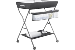 Baby Changing Table with Wheels, Maydolly Portable Adjustable Height Folding Diaper Station with Nursery Organizer & Storage Rack for Newborn Baby and Infant (Dark Grey)