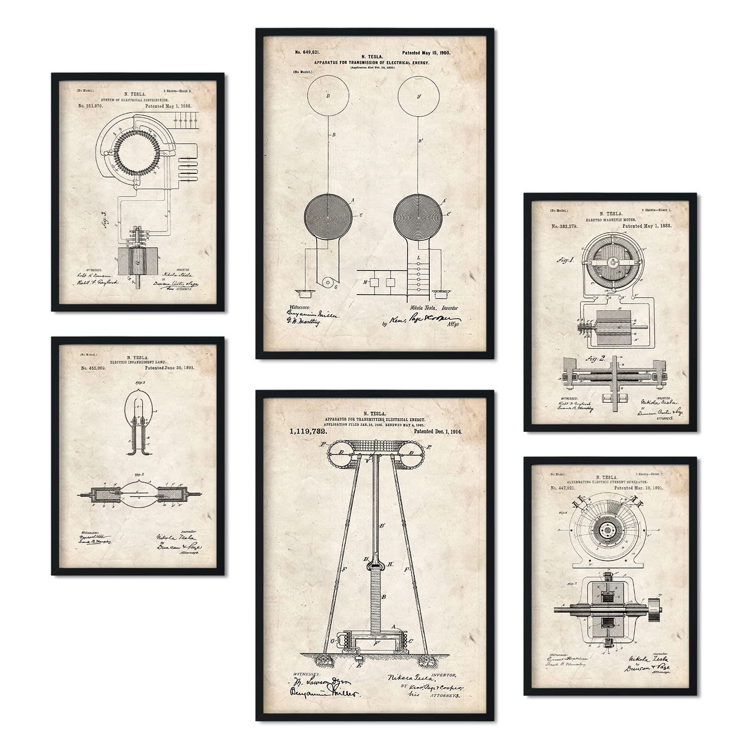 Nacnic Set of 6 Electricity 1 patent prints. Posters with retro patent illustrations for your home, shop, office... Vintage style interior decoration. A4 and A3 sizes. No frame.