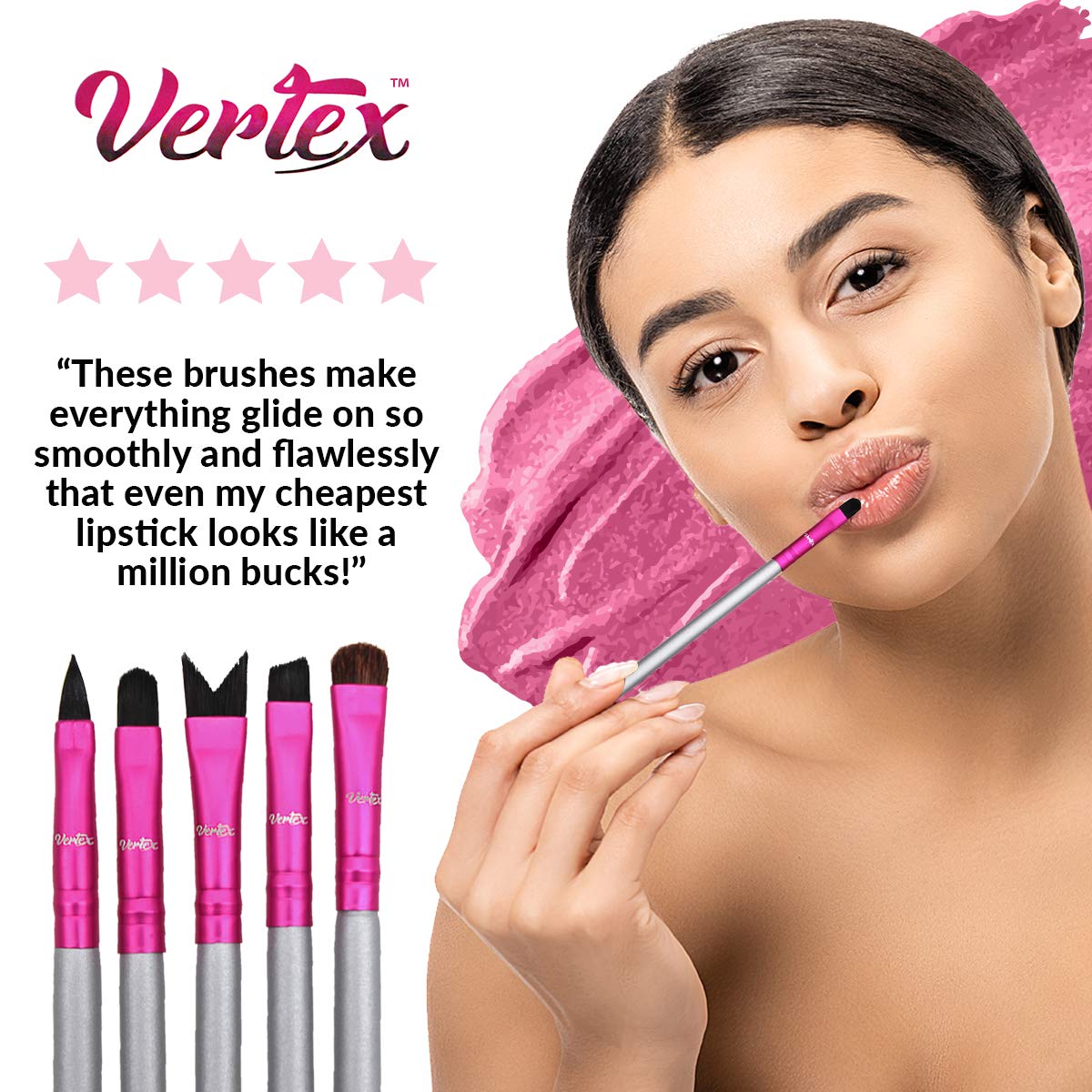 Lip Brush Set For Lipstick - Contour Your Lips For Fuller Looking Lips Designed By Makeup Artist For Streak-Free Application Premium Synthetic Hair (AAA) 5pcs Brushes at a Value Price Cruelty-Free Vertex Beauty: Beauty