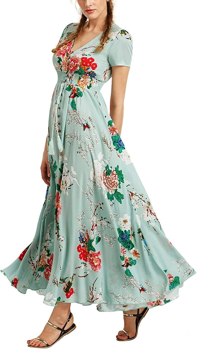 Maxi Boho Dresses for Women Button Up Split Flowy Summer Party Dress