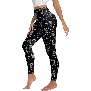 BELYQLY Women's Halloween Leggings Dancing Skeleton Print High Waist Yoga Pants