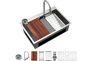 Logmey 33x22 Waterfall Kitchen Sink with faucet Combo Cup Washer Workstation Luxury Sinks 33 Inch Drop In Kitchen Sink Stainless Steel 16 Gauge Single Bowl Topmount Sinks 33x22x9