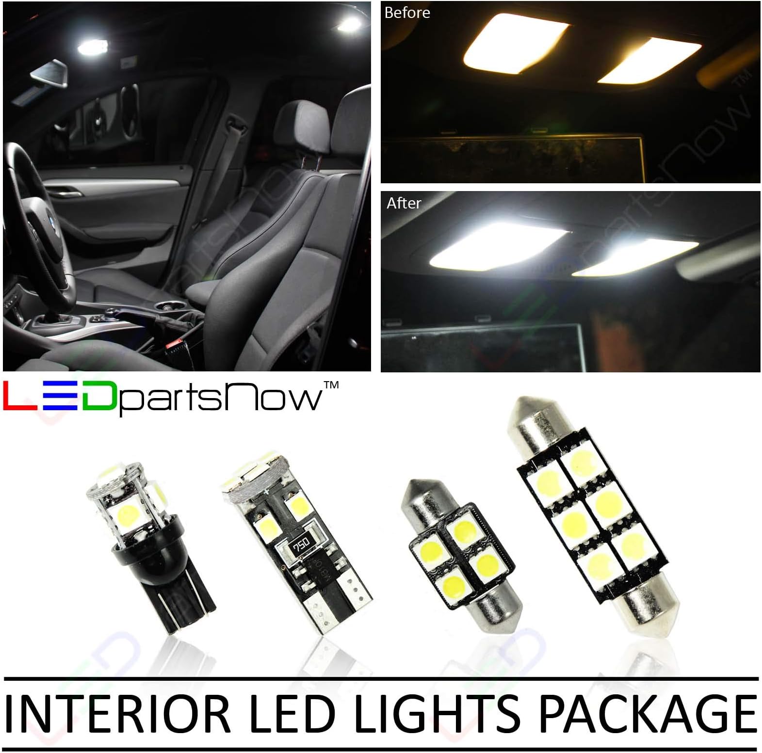 LEDpartsNow Interior LED Lights Replacement for Jeep Wrangler JK 07 08 09 10 11 12 13 14 15 Accessories Package Kit (7 Bulbs), WHITE