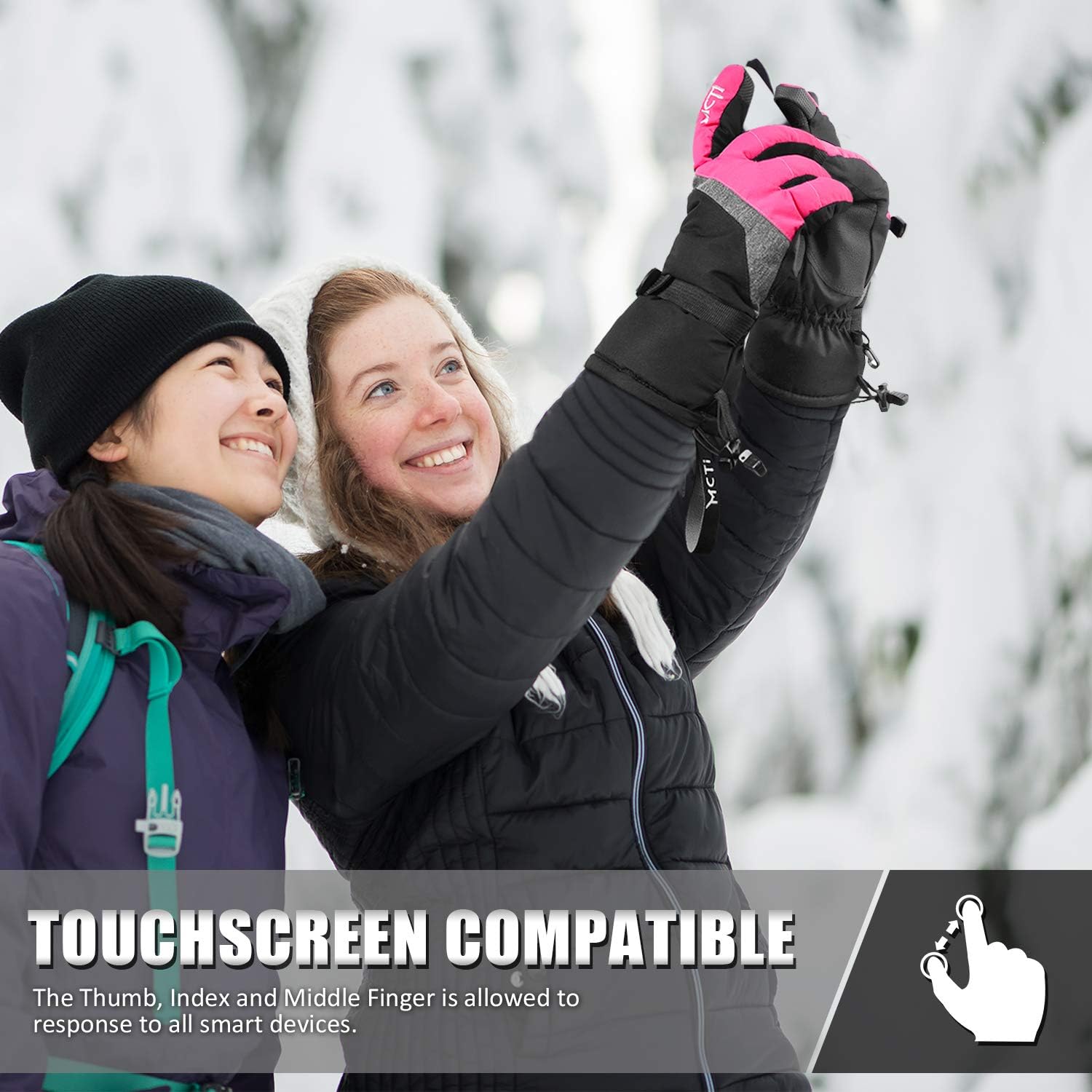 MCTi Ski Gloves, Winter Waterproof Snowboard Snow 3M Thinsulate Warm Touchscreen Cold Weather Women Gloves Wrist Leashes : Clothing