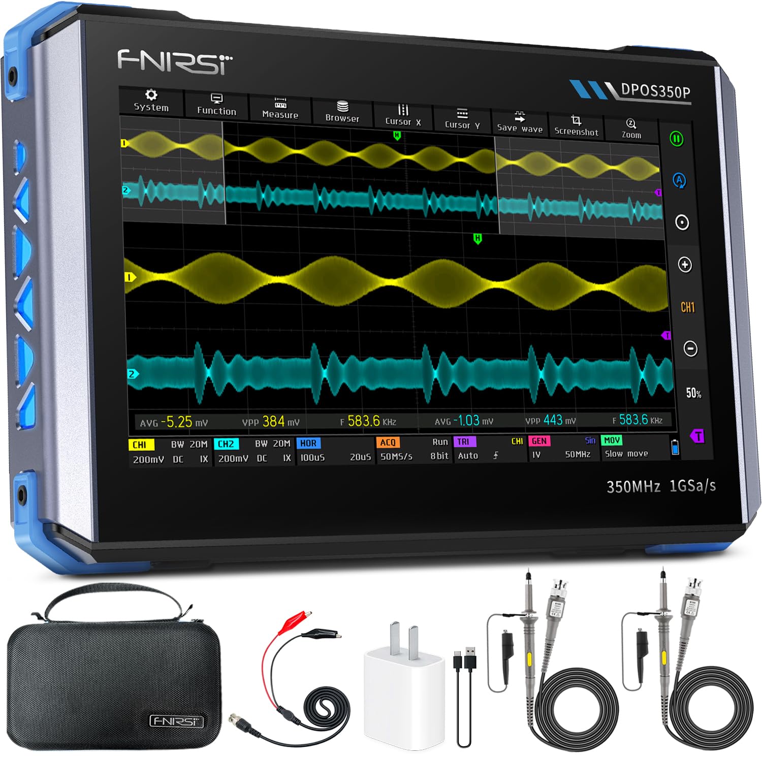 Photo 1 of FNIRSI DPOS350P 4-in-1 Tablet Oscilloscope 350MHz, Spectrum Analyzer 200KHz - 350MHz, Frequency Response Analyzer DDS Generator, 2CH Handheld Oscilloscope 1 GSa/s, 7" Touch Screen Digital Phosphor