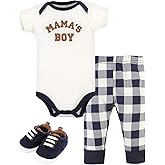 Hudson Baby Unisex Baby Cotton Bodysuit, Pant and Shoe Set, Brown Navy Mamas Boy, Newborn