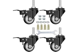1.5 Inch Stem Casters, DICASAL Double Brakes Black PU Imperial Inch Screw Thread 360° Swivel Caster Wheels for Furture Carts DIY Stands 4 Pack