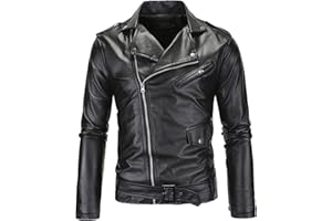 Maiyifu-GJ Leather Motorcycle Jackets for Men Faux PU Leather Lapel Moto Jacket Vintage Asymmetric Zip Up Belt Biker Coat