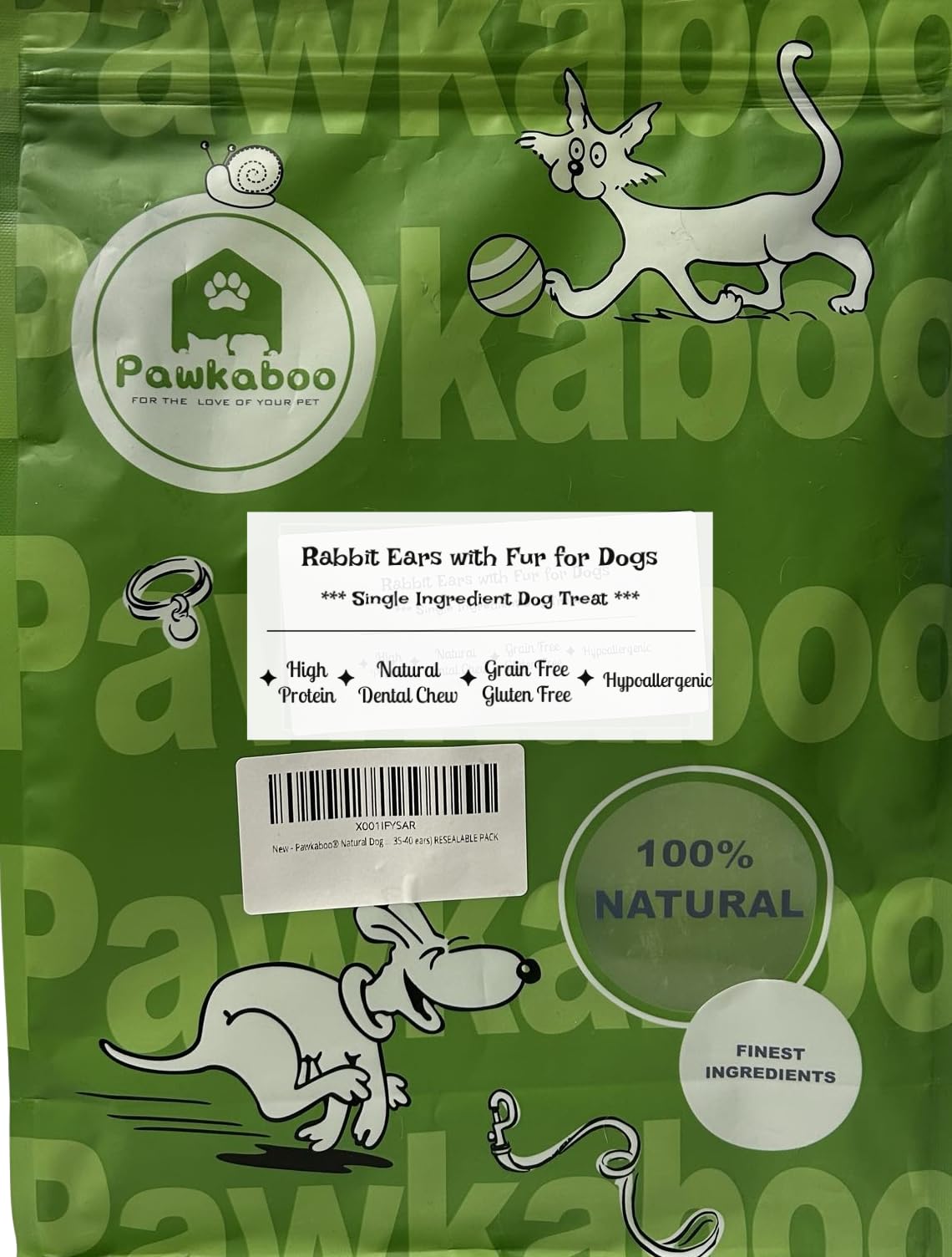 Pawkaboo Natural Dog Treat - Hairy Rabbit Ears for dogs with fur Hypoallergenic Dog Treat Chew (500g 35-40 ears) RESEALABLE PACK