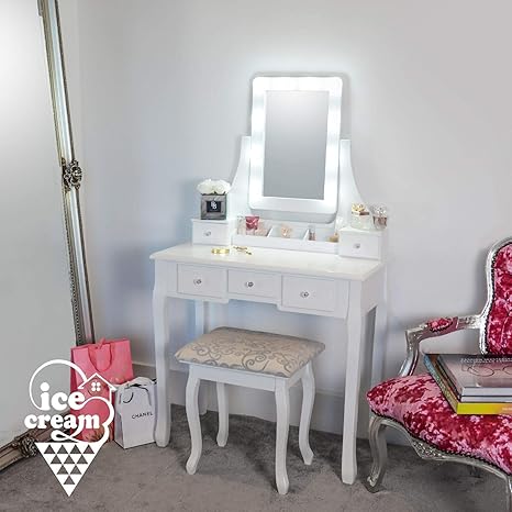 Icecreamliving Arianna Deluxe Luxurious Hollywood Dressing Table With Led Lights Vanity Mirror 5 Drawers Stool For Makeup Bedroom Jewellery Set