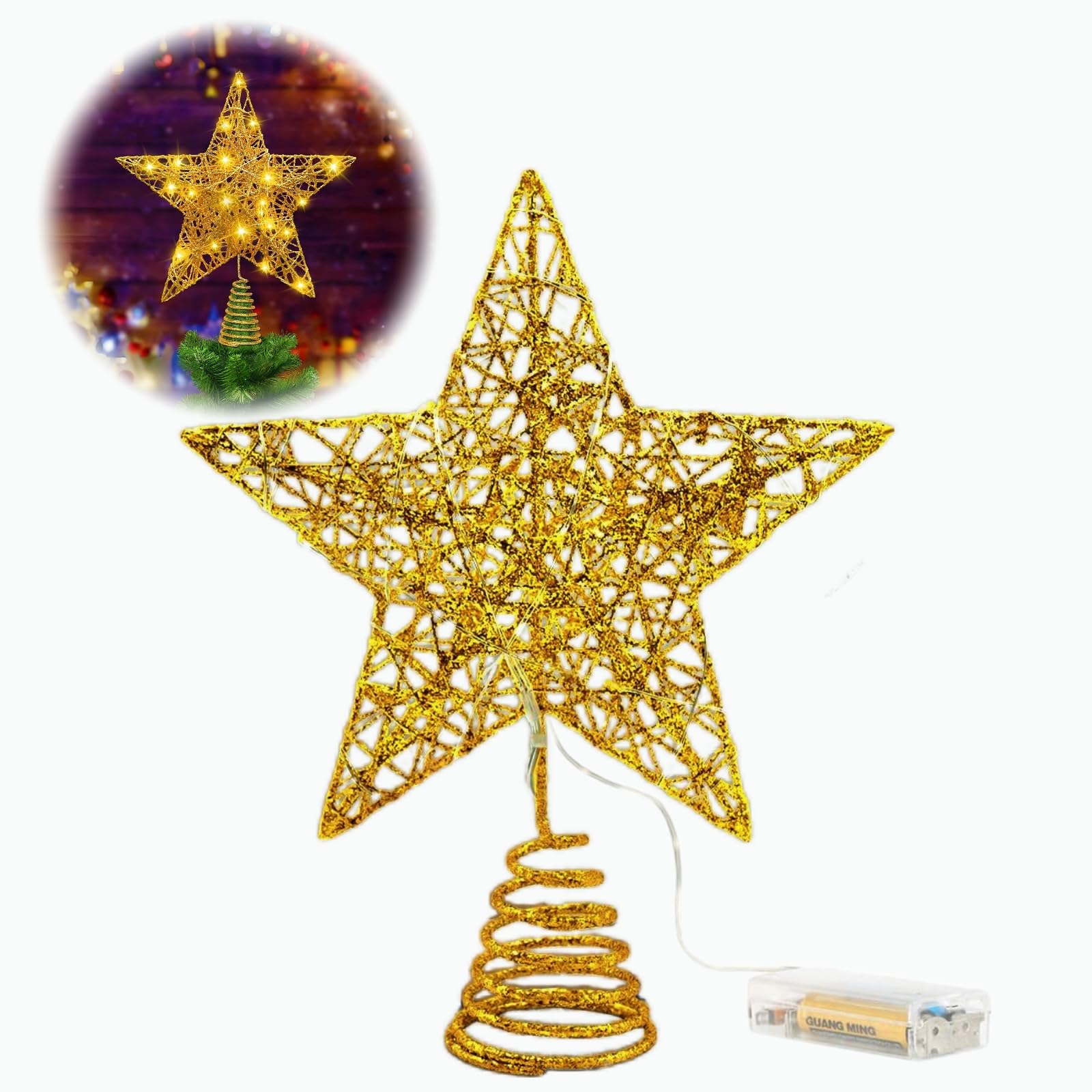 Irunfast Golden Christmas Tree Star Topper Lighted, LED Warm Light, Pentagram, 20*25CM