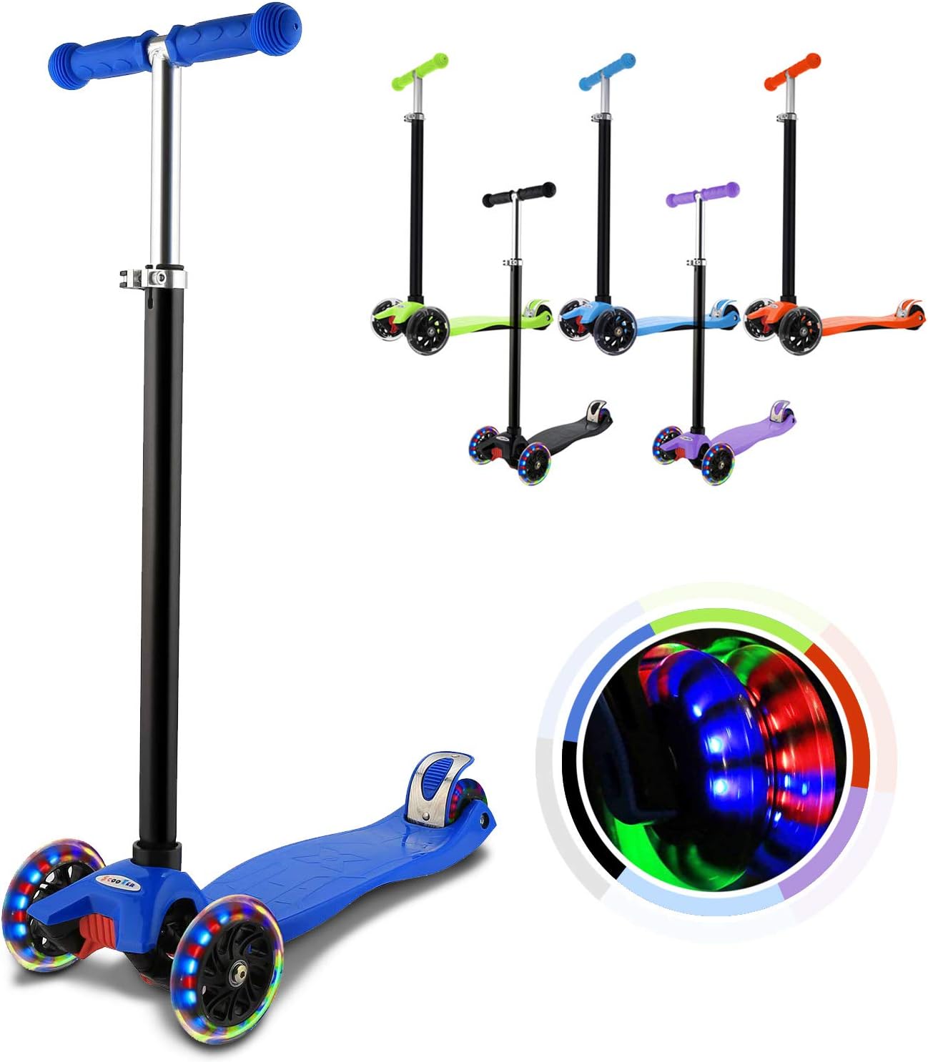 WeSkate Kick Scooter for Kids 3 Wheels, Adjustable Height Kids Scooter for Boys and Girls 3-12, LED Light Flashing PU Wheels