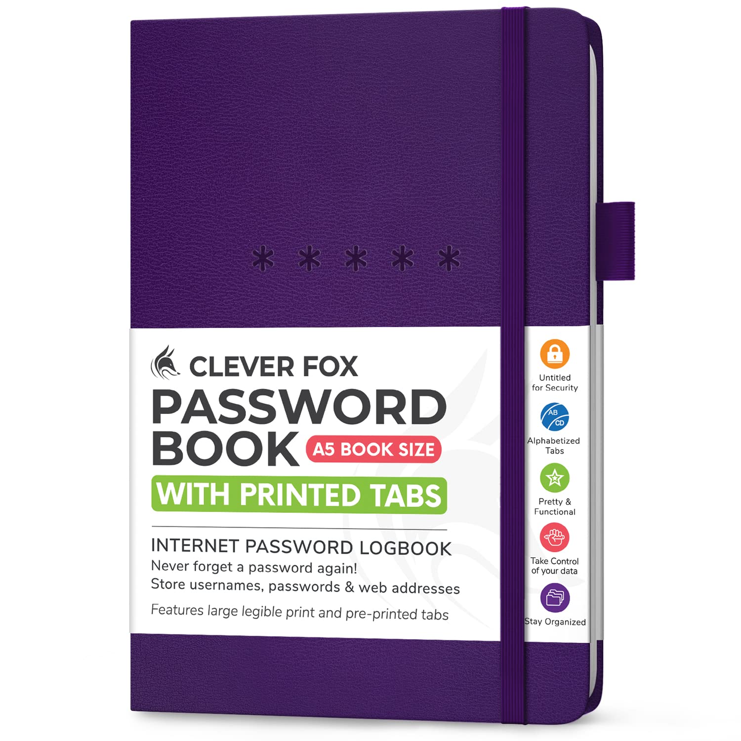 Clever Fox Password Book Medium – Internet Address & Password Journal Organizer – Computer & Website Log-In Keeper Notebook (Purple)