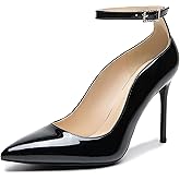 YSOHPM Women's Closed Pointed Toe High Heels Pumps Ankle Strap 4IN Stiletto Heels Classic Office Dress Wedding Shoes