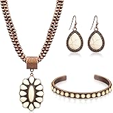 Quelay Rustic Western Jewelry for Women Cowgirl Vintage Jewelry Set Turquoise Necklace 18 Inches Long Earrings Cuff Bangle Valentine Day Bohemian Bracelet for Women Girlfriend Gifts