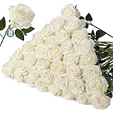 Tifuly 36 Pcs Roses Artificial Flowers Realistic Long Stem Fake Silk Roses for Party Home Wedding Centerpiece Office DIY Bouquets Decor(Off White)