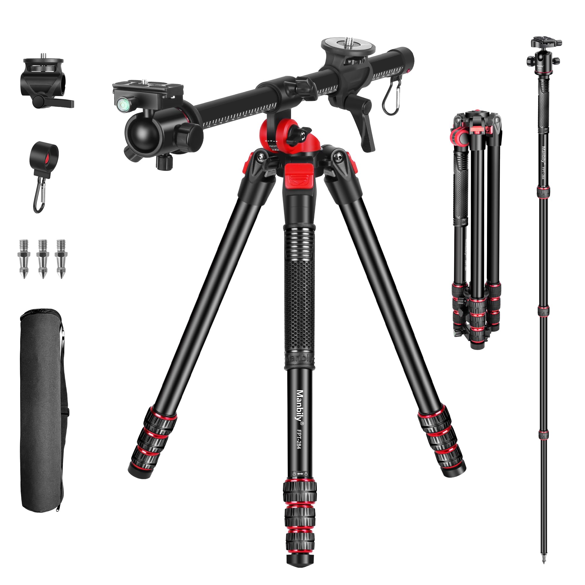 Camera Tripod Manbily 70" Horizontal Overhead 360° Aluminum Tripods Monopods Rotatable Center Column Arm, 36mm Ball Head & Mount Platform, 180° Reflexed Portable Tripod for DSLR Camera Video Camcorder