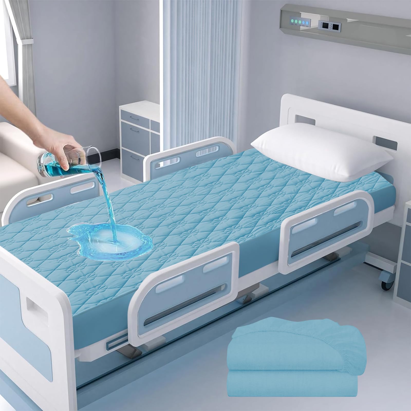 Photo 1 of 1 Pack Waterproof Hospital Bed Sheet Mattress Cover Protector 36" x 80" x 14" Hospital Grade Incontinence Protection, Soft Breathable Fabric for Elderly, Adults Machine Washable (Light Blue)