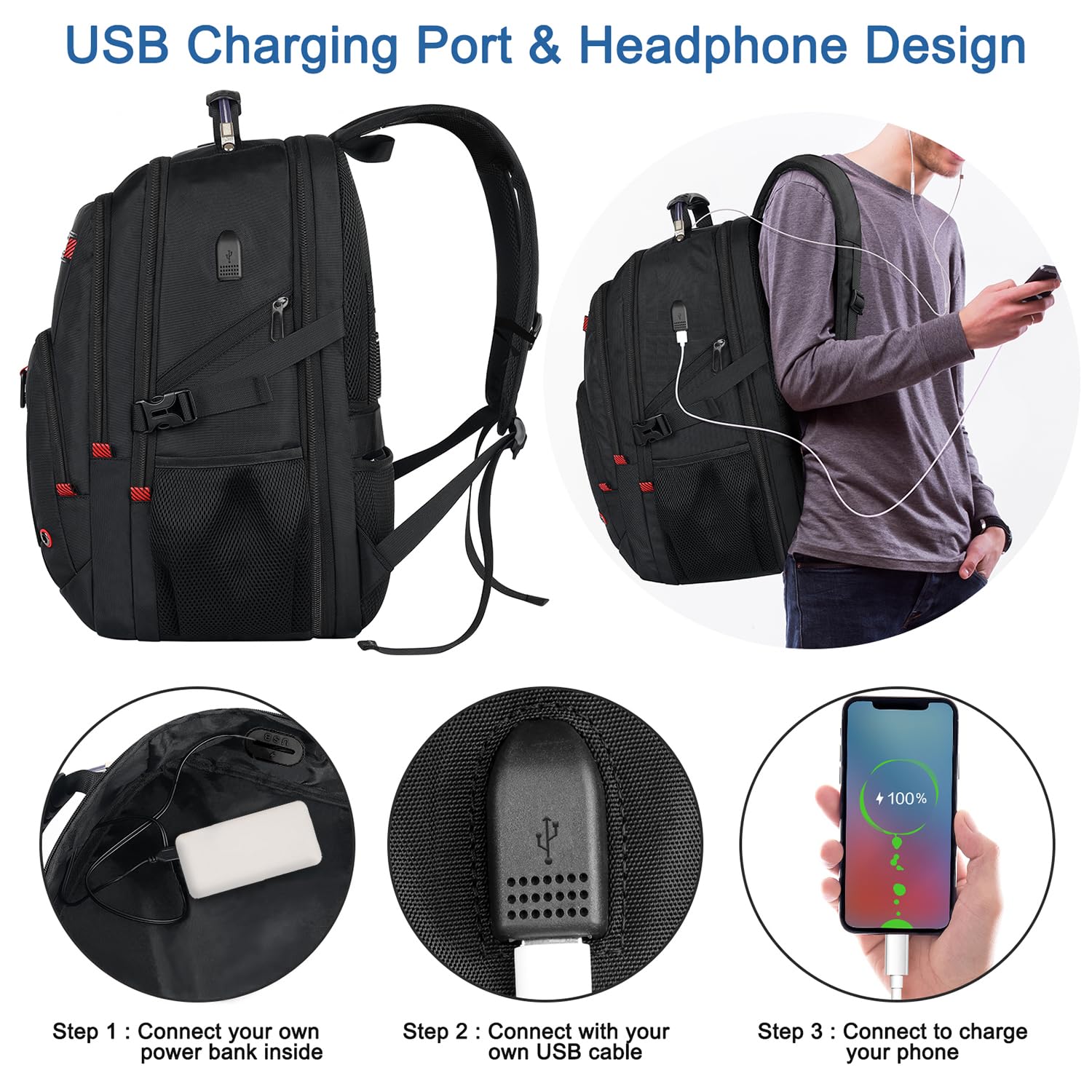 Z-MGKISS Extra Large Travel Backpack, 52L TSA Backpack 17.3 Inch, Anti-Theft 17 Inch Big Business Laptop Backpack for Men & Women, Water Resistant College Rucksack Bag with USB Port, Black