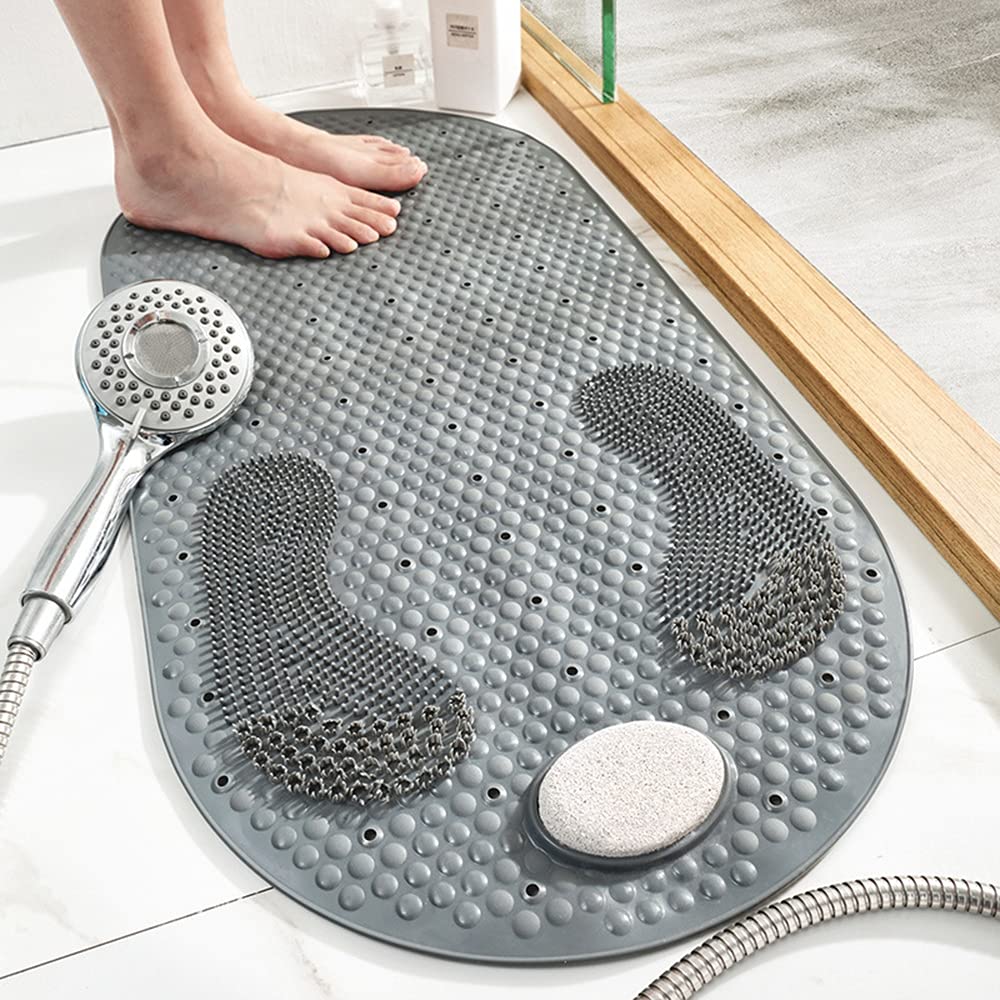 DINGC Shower Mats with Removable Pumice Stone, Bathtub Mat 80x40cm PVC Bath Mats Non Slip Anti Mould with Suction Cups and Drain Holes, Bathtub Massage Mat for Bathroom Grinding Floor Massage (Gray)…