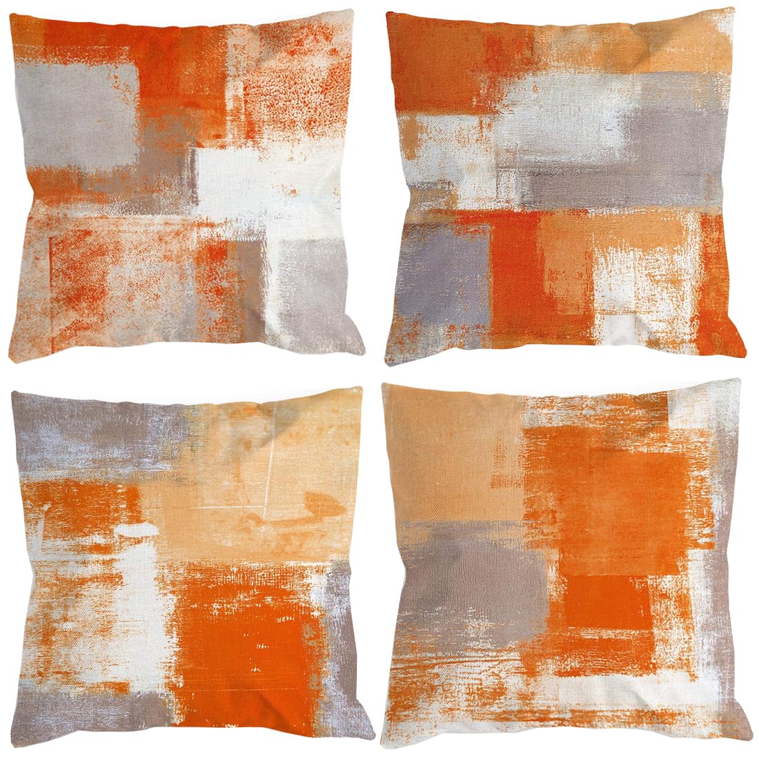 Cushion Covers 45 x 45 cm Set of 4 Orange Grey Abstract Art Paintings Linen Decorative Square Throw Pillow Cases Country Style for Sofa Couch Livingroom Home Decor Cushion Covers 18 x 18 Inch