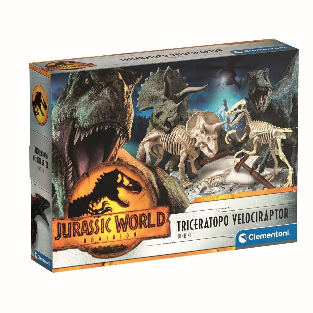 Clementoni - 19289 - Jurassic World - Dino Kit 2 In 1 Triceratop + Velociraptor - Science Kit For Kids 6 Years, Excavation Kit Toy, Realistic Dinosaur, Excavate And Assemble Fossils