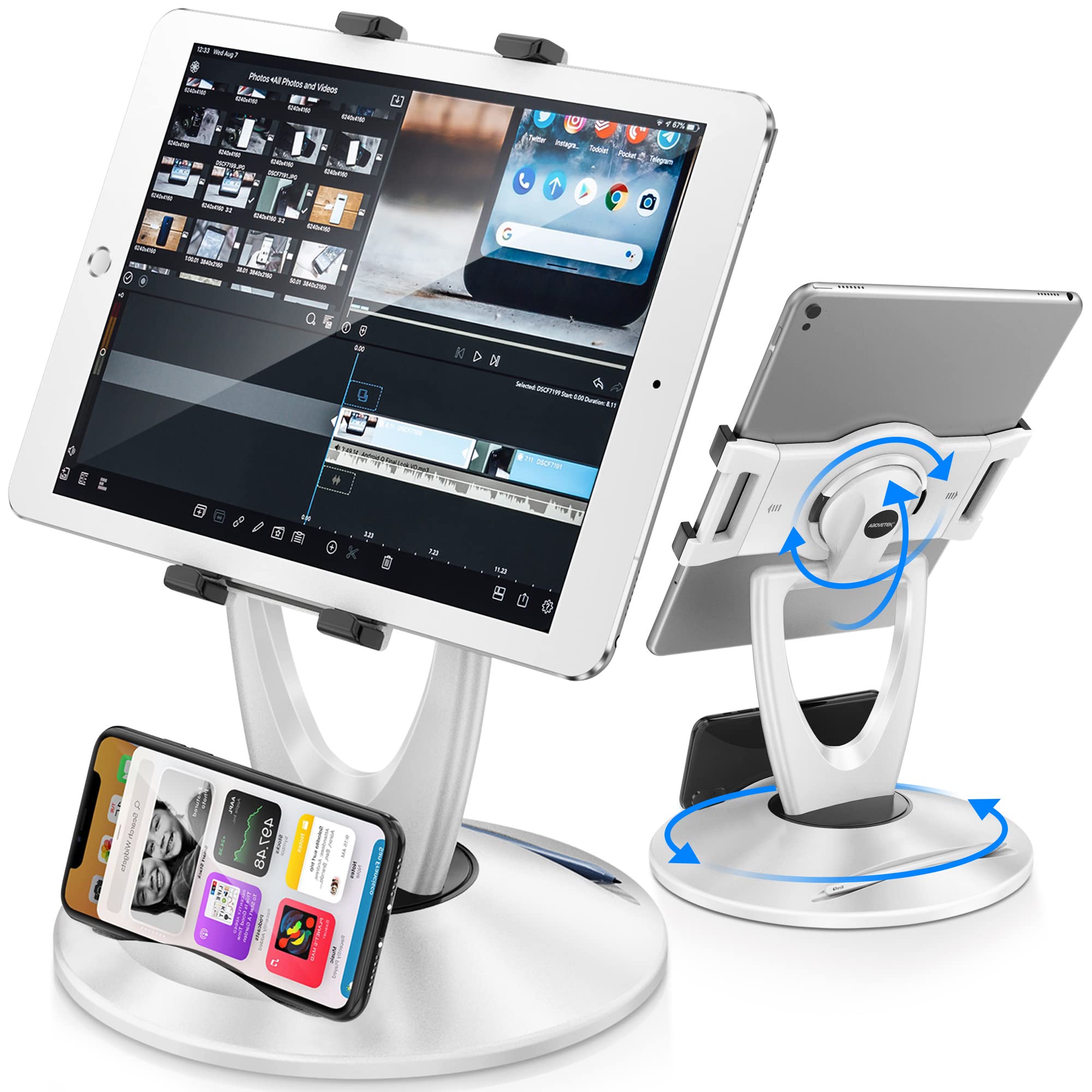 Photo 1 of DeskLogics iPad Stand for Desk, Tablet Holder - 6 inch to 13 inch - Stable, Adjustable - 360° Swivel Angle Pen Phone iPad Stand for Store, Retail Kiosk, Reception, Home Office, Gift Ideas - White